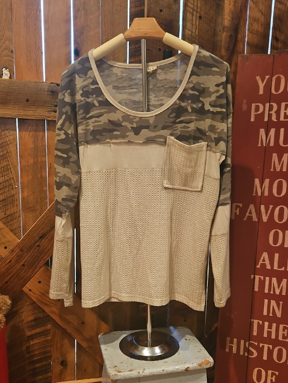 394 POL Women's Beige and Gray Camo Mixed‑Fabric Long Sleeve Top